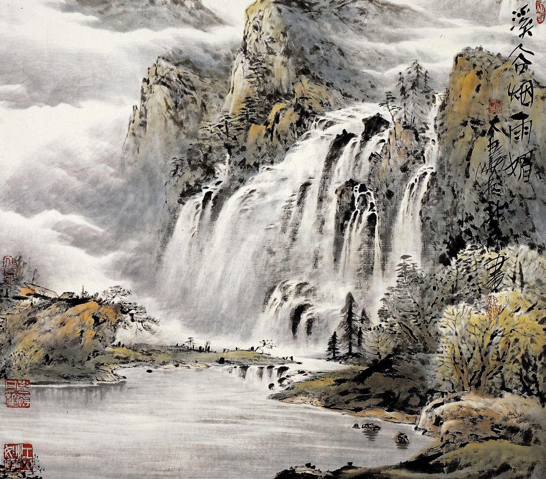 劉人島 溪谷煙雨媚 鏡心 設色紙本