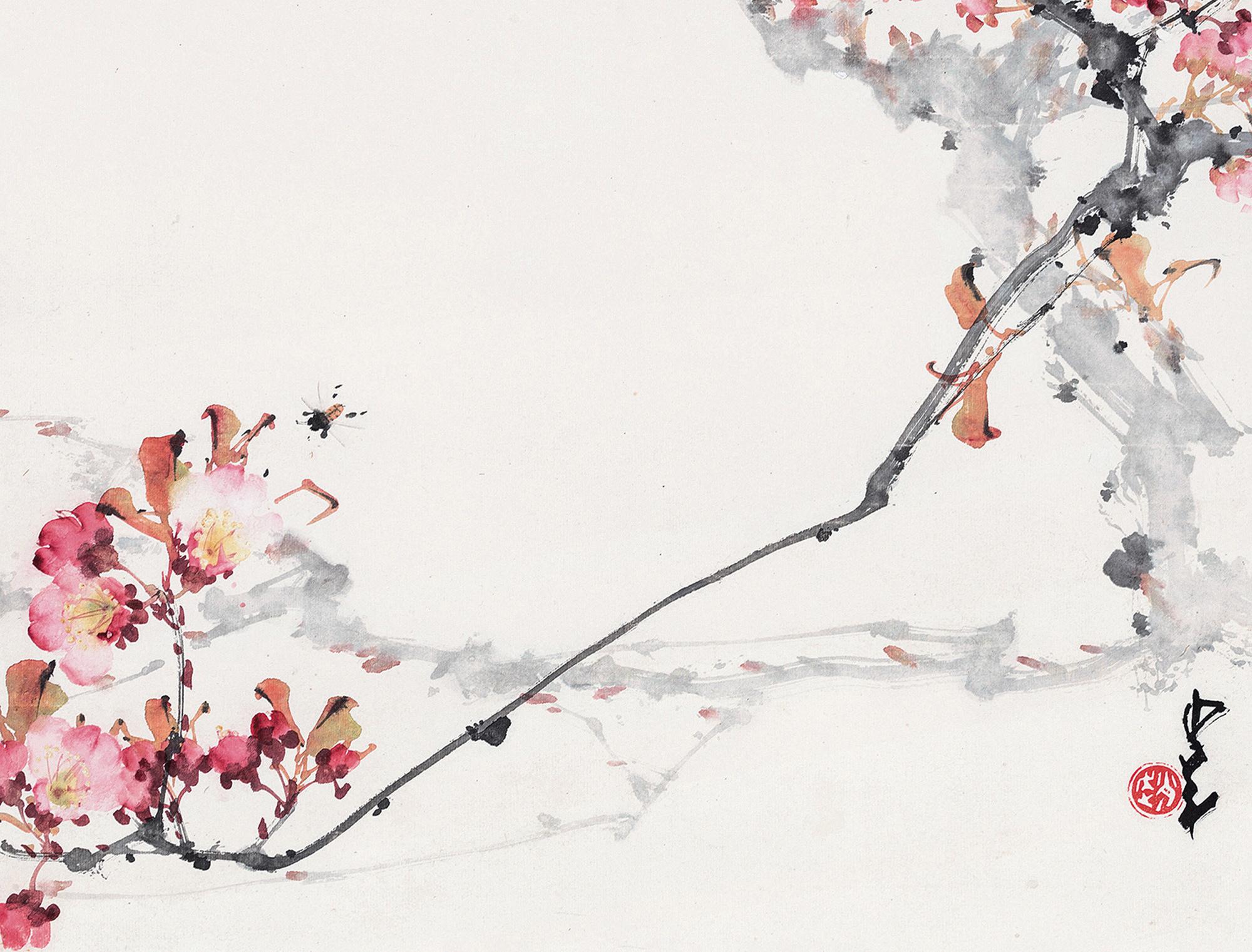 趙少昂（1905～1998） 海棠昆蟲 鏡心 設色紙本