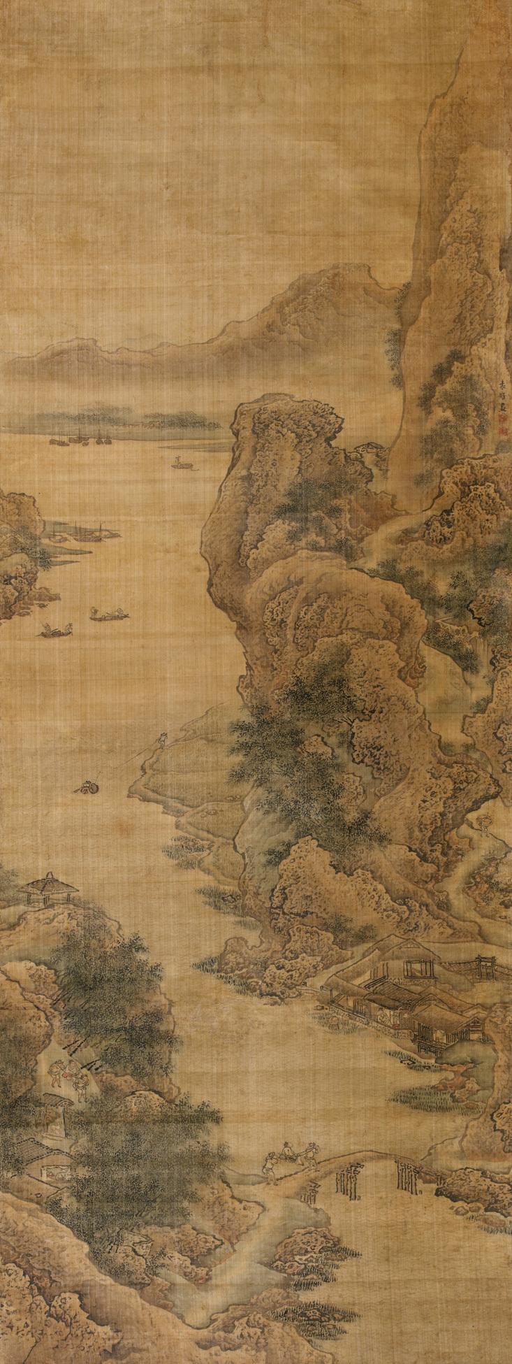 袁耀 江村訪友圖 立軸