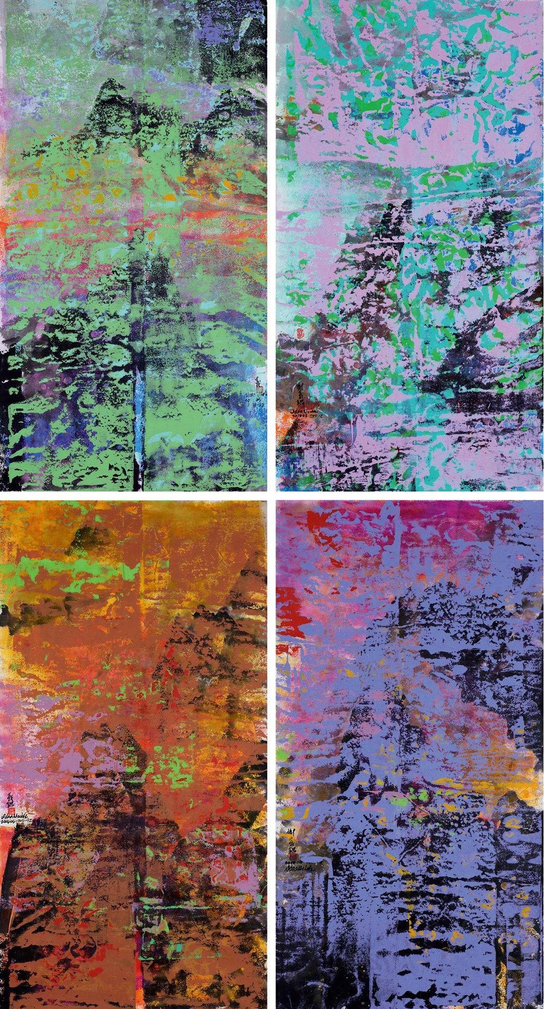 謝義錩（b.1949） 2014年作 晨曦似金 四屏鏡心 紙本彩墨