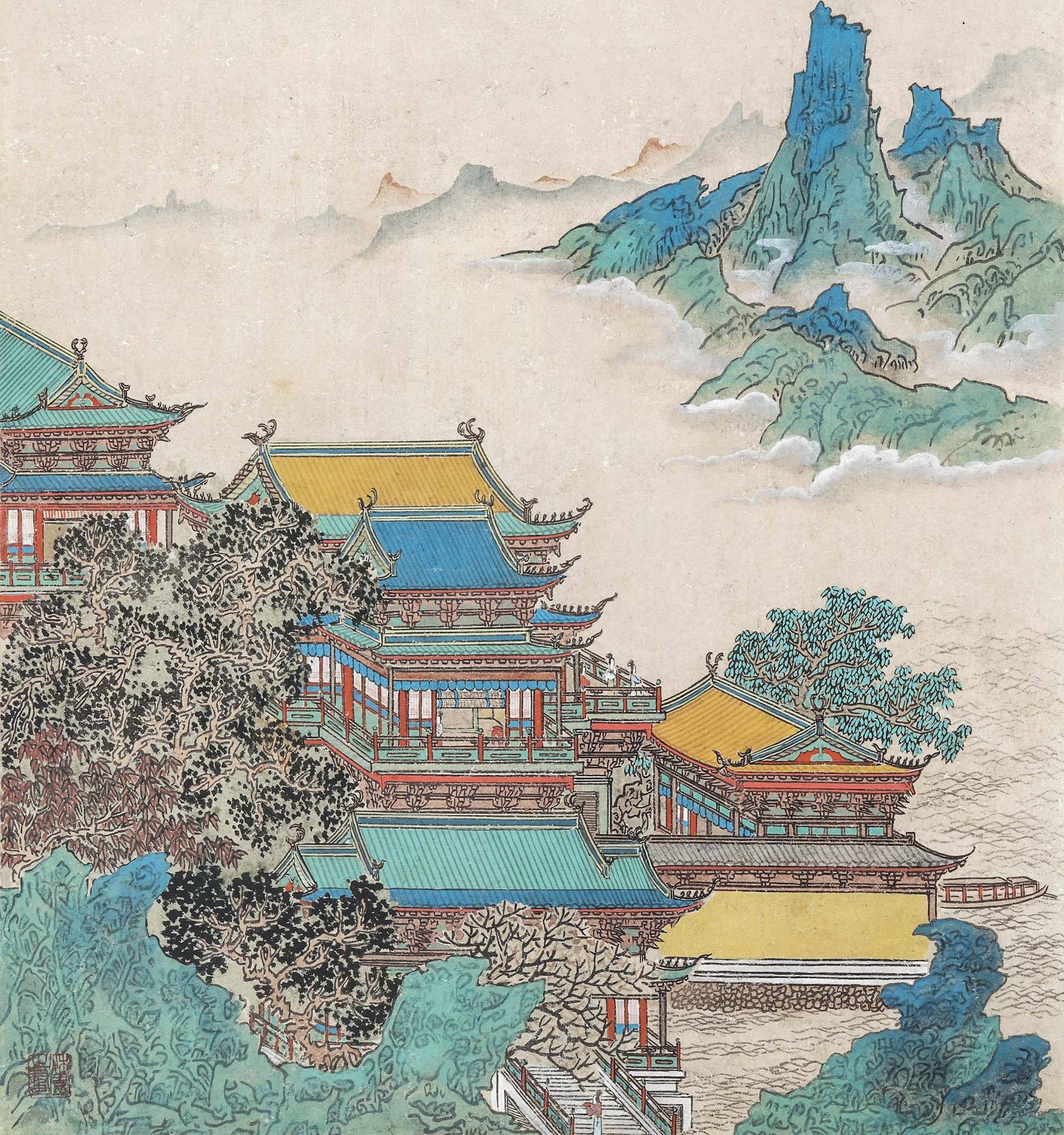 雲山樓閣 立軸 設色紙本
